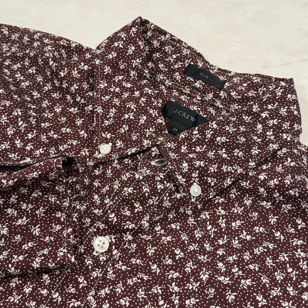 J.Crew Men's Burgundy Floral Medium Slim Fit Cotton Button Down Shirt -